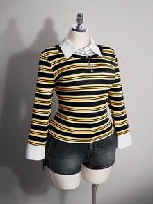 SHEIN ICON Atasan Rajut Bergaris Kuning & Hitam Ukuran Plus Gaya Y2K 2 Potong, Atasan Kasual Bergaris Halloween Musim Gugur - MultiWarna - View 4
