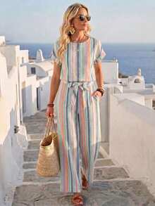 Faunlyn Women's Vacation Casual Tropical Light Blue Shirt And Pants 2 Pieces Set Beach Vacation Summer - Multicolor - View 4