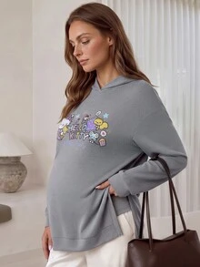 Slowluna HELLO KITTY AND FRIENDS | SHEIN Sweatshirt Kasual Lengan Panjang Bahu Longgar dengan Motif Huruf untuk Ibu Hamil - Grey - View 2