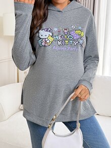 Slowluna HELLO KITTY AND FRIENDS | SHEIN Sweatshirt Kasual Lengan Panjang Bahu Longgar dengan Motif Huruf untuk Ibu Hamil - Grey - View 8