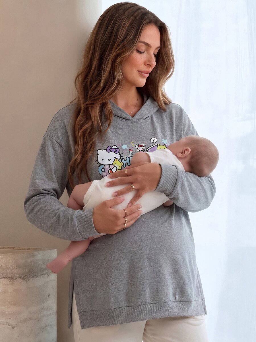 Slowluna HELLO KITTY AND FRIENDS | SHEIN Sweatshirt Kasual Lengan Panjang Bahu Longgar dengan Motif Huruf untuk Ibu Hamil - Grey - View 1