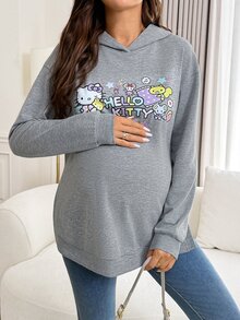 Slowluna HELLO KITTY AND FRIENDS | SHEIN Sweatshirt Kasual Lengan Panjang Bahu Longgar dengan Motif Huruf untuk Ibu Hamil - Grey - View 6