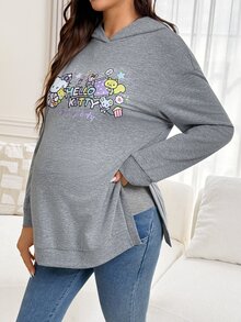 Slowluna HELLO KITTY AND FRIENDS | SHEIN Sweatshirt Kasual Lengan Panjang Bahu Longgar dengan Motif Huruf untuk Ibu Hamil - Grey - View 3