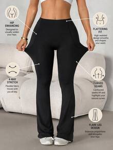 SHEIN PETITE Casual Versatile Solid Color Flared Leg Pants - Black - View 6