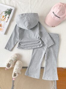 SHEIN Infant Girls Fashion Sporty Hooded Long Sleeve Top And Flared Long Pants Set - Light Grey - View 3