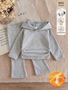 SHEIN Infant Girls Fashion Sporty Hooded Long Sleeve Top And Flared Long Pants Set - Light Grey - View 2