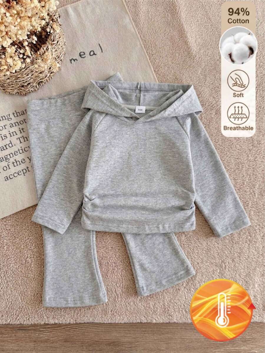 SHEIN Infant Girls Fashion Sporty Hooded Long Sleeve Top And Flared Long Pants Set