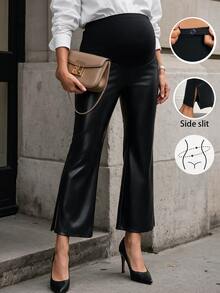 MaterniWear Celana Capri Hamil Musim Dingin Bahan PU dengan Pinggang yang Dapat Disesuaikan untuk Bekerja di Kantor dan Perjalanan Pulang Pergi, Celana Capri Hamil Musim Dingin untuk Bekerja di Kantor dan Perjalanan Pulang Pergi - Hitam - View 2