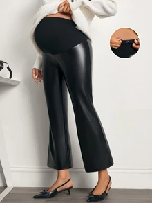 MaterniWear Celana Capri Hamil Musim Dingin Bahan PU dengan Pinggang yang Dapat Disesuaikan untuk Bekerja di Kantor dan Perjalanan Pulang Pergi, Celana Capri Hamil Musim Dingin untuk Bekerja di Kantor dan Perjalanan Pulang Pergi - Hitam - View 5