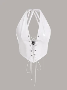 SHEIN ICON Top Blanco De Cuello Halter Con Cordones En La Parte Delantera - Blanco - Ver 4