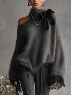 LUMIGAL Dunkelgrauer Damenpullover mit hohem Kragen, offenen Schultern, Schleife, Spitzen-Patchwork und weiten Ärmeln, gestricktes Top für Ausgehen, Abendessen und Date Night, herbstlich, romantisch und elegant