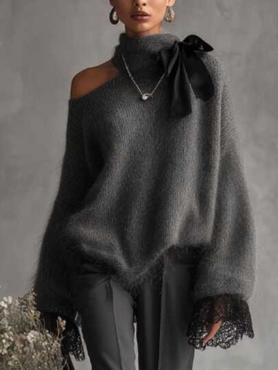 LUMIGAL Dark Grey High Neck Open Shoulder Women's Sweater With Bowknot Lace Patchwork Wide Sleeve Knit Top Going Out Dinner Date Night Autumn Romantic Elegant
