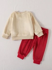 SHEIN Playful Pals 2件組男嬰可愛米色紅色馴鹿刺繡長袖圓領抓絨針織羅紋運動衫褲套裝，聖誕節冬季秋季休閒毛衣 - 紅白色 - 查看 2