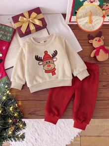 SHEIN Playful Pals 2件組男嬰可愛米色紅色馴鹿刺繡長袖圓領抓絨針織羅紋運動衫褲套裝，聖誕節冬季秋季休閒毛衣 - 紅白色 - 查看 3