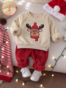 SHEIN Playful Pals 2件組男嬰可愛米色紅色馴鹿刺繡長袖圓領抓絨針織羅紋運動衫褲套裝，聖誕節冬季秋季休閒毛衣 - 紅白色 - 查看 4