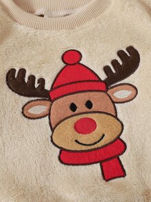 SHEIN Playful Pals 2件組男嬰可愛米色紅色馴鹿刺繡長袖圓領抓絨針織羅紋運動衫褲套裝，聖誕節冬季秋季休閒毛衣 - 紅白色 - 查看 6