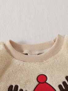 SHEIN Playful Pals 2件組男嬰可愛米色紅色馴鹿刺繡長袖圓領抓絨針織羅紋運動衫褲套裝，聖誕節冬季秋季休閒毛衣 - 紅白色 - 查看 5