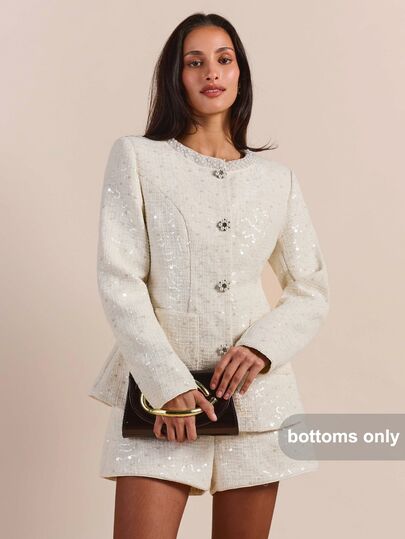 Enchnt Premium Pre-Fall Romantic Women's Elegant Off-White Sequined Tweed Fashion Shorts,Casual Dress,Festival Outfit,Teacher Work,Formal Wear