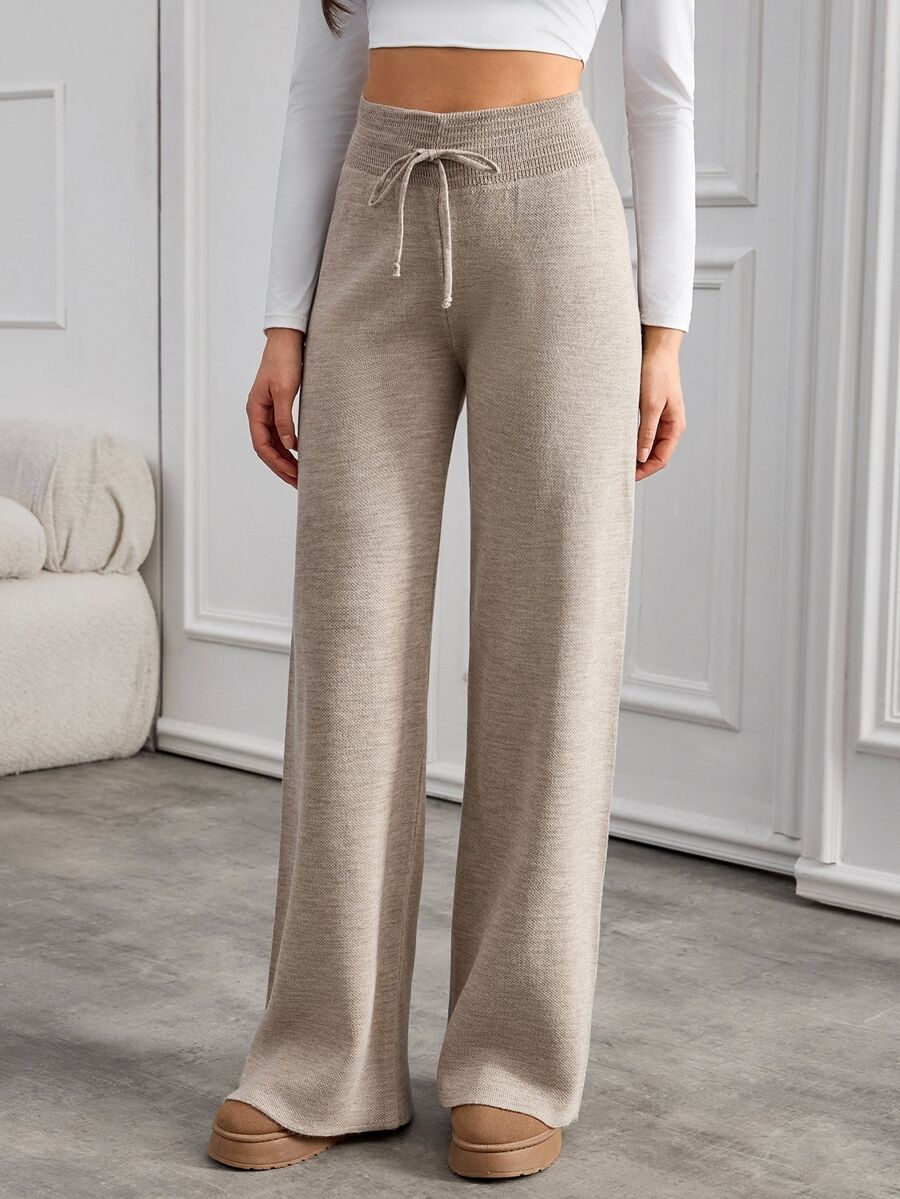 SHEIN Petite Size Women Casual Solid Color High Waisted Flare Pants With Drawstring Detail - Khaki - View 1