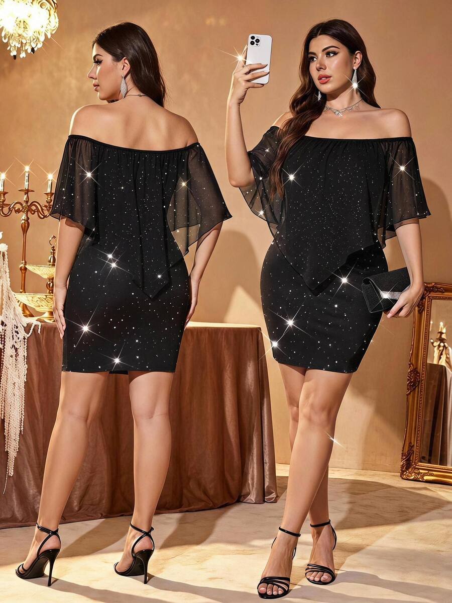Reflora Plus Size Elegant Party Cocktail Evening Glitter Off-Shoulder Dress Halloween Black Summer - Black - View 1