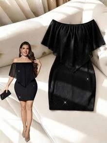 Reflora Plus Size Elegant Party Cocktail Evening Glitter Off-Shoulder Dress Halloween Black Summer - Black - View 6