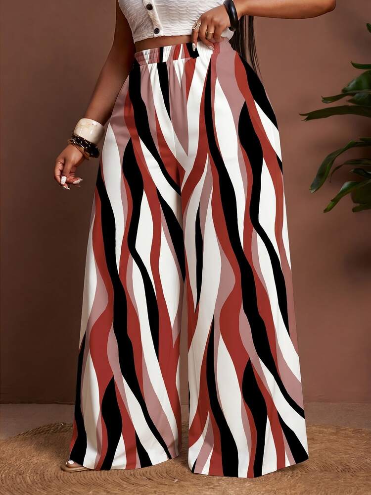 Veslaya Plus Size Women's Elastic Waist All-Over Print Wide Leg Loose Casual Boho Long Pants Vacation Black And White Autumn Bussines Vacation Fall - Multicolor - View 7