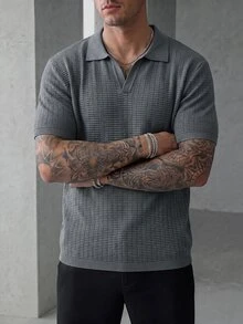 Manfinity Homme Men's V-Neck Ribbed Knit Polo Shirt, Minimalist Commuter Short Sleeve Sweater - Grey - View 7