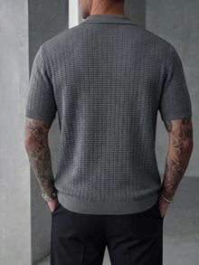 Manfinity Homme Men's V-Neck Ribbed Knit Polo Shirt, Minimalist Commuter Short Sleeve Sweater - Grey - View 3