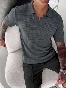 Manfinity Homme Men's V-Neck Ribbed Knit Polo Shirt, Minimalist Commuter Short Sleeve Sweater - Grey - View 8
