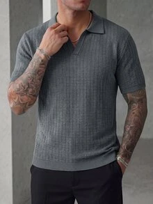 Manfinity Homme Men's V-Neck Ribbed Knit Polo Shirt, Minimalist Commuter Short Sleeve Sweater - Grey - View 4