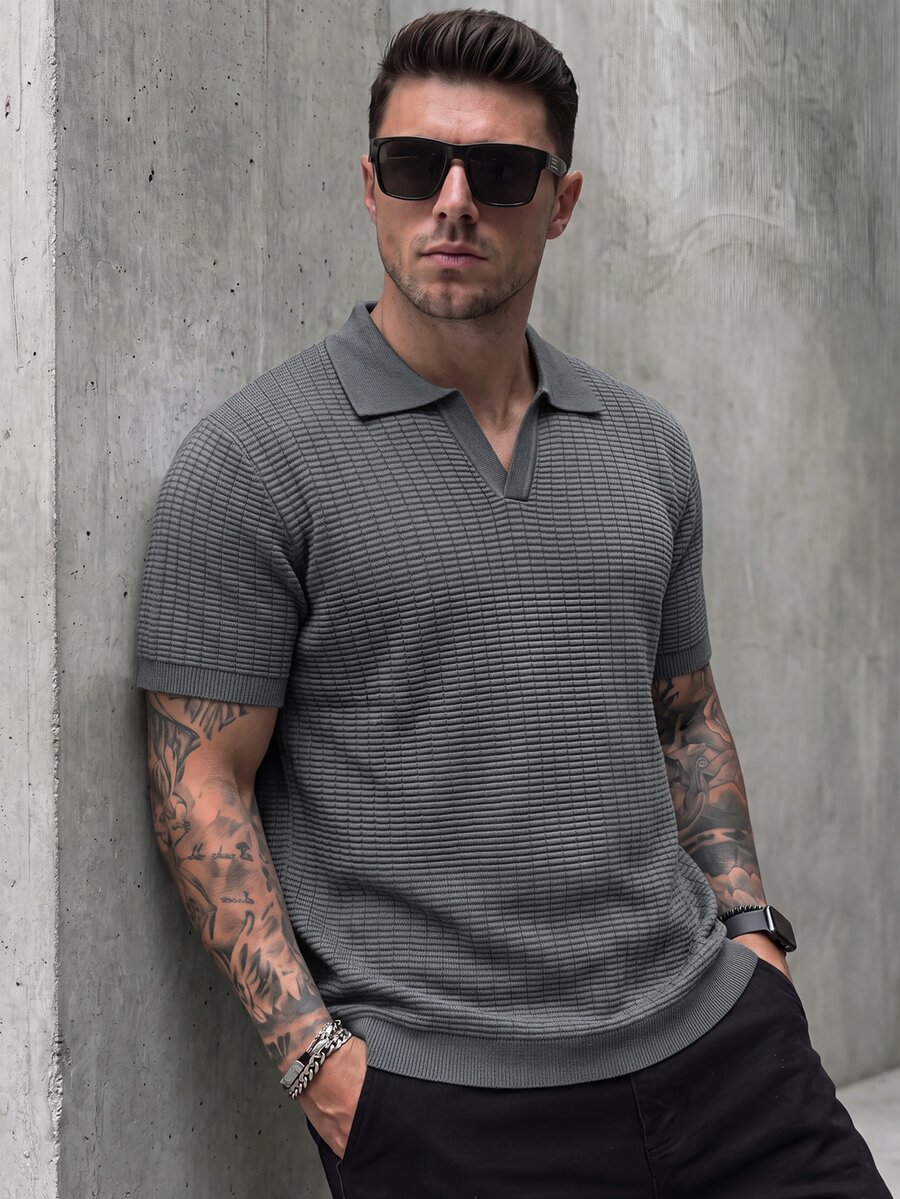 Manfinity Homme Men's V-Neck Ribbed Knit Polo Shirt, Minimalist Commuter Short Sleeve Sweater