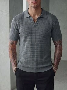 Manfinity Homme Men's V-Neck Ribbed Knit Polo Shirt, Minimalist Commuter Short Sleeve Sweater - Grey - View 6