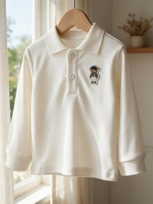 SHEIN Spring/Autumn Baby Boy Casual Minimalist Solid Color Long Sleeve Button Collar Polo Shirt - Apricot - View 9