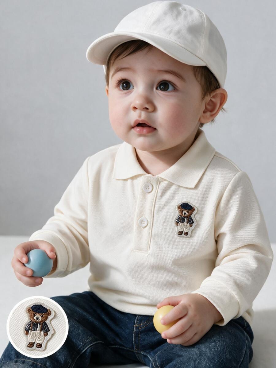 SHEIN Spring/Autumn Baby Boy Casual Minimalist Solid Color Long Sleeve Button Collar Polo Shirt - Apricot - View 1