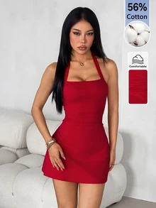 SHEIN PETITE 女款棉混紡純色百褶掛脖迷你洋裝 - 酒紅色 - 查看 3