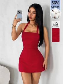 SHEIN PETITE 女款棉混紡純色百褶掛脖迷你洋裝 - 酒紅色 - 查看 7