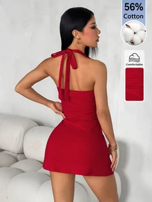 SHEIN PETITE 女款棉混紡純色百褶掛脖迷你洋裝 - 酒紅色 - 查看 2