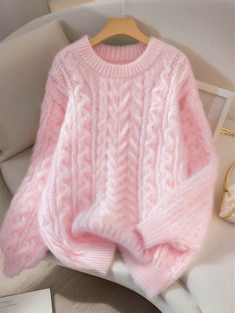 SHEIN Sweater Pullover Wanita Baru Musim Gugur/Dingin, Lembut, Manis, Warna Pink, Desain Longgar, Leher V, Rajutan Tebal, Serbaguna - Berwarna merah muda - View 3