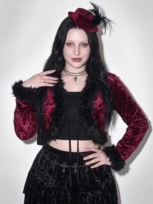 SHEIN ICON Plus-Size Red Y2K-Style Gothic Elegant Velvet Cropped Jacket With Faux Fur Trim And Lace-Up Detail Halloween Outfit Party Wedding Guest Autumn Winter - Burgundy - View 1