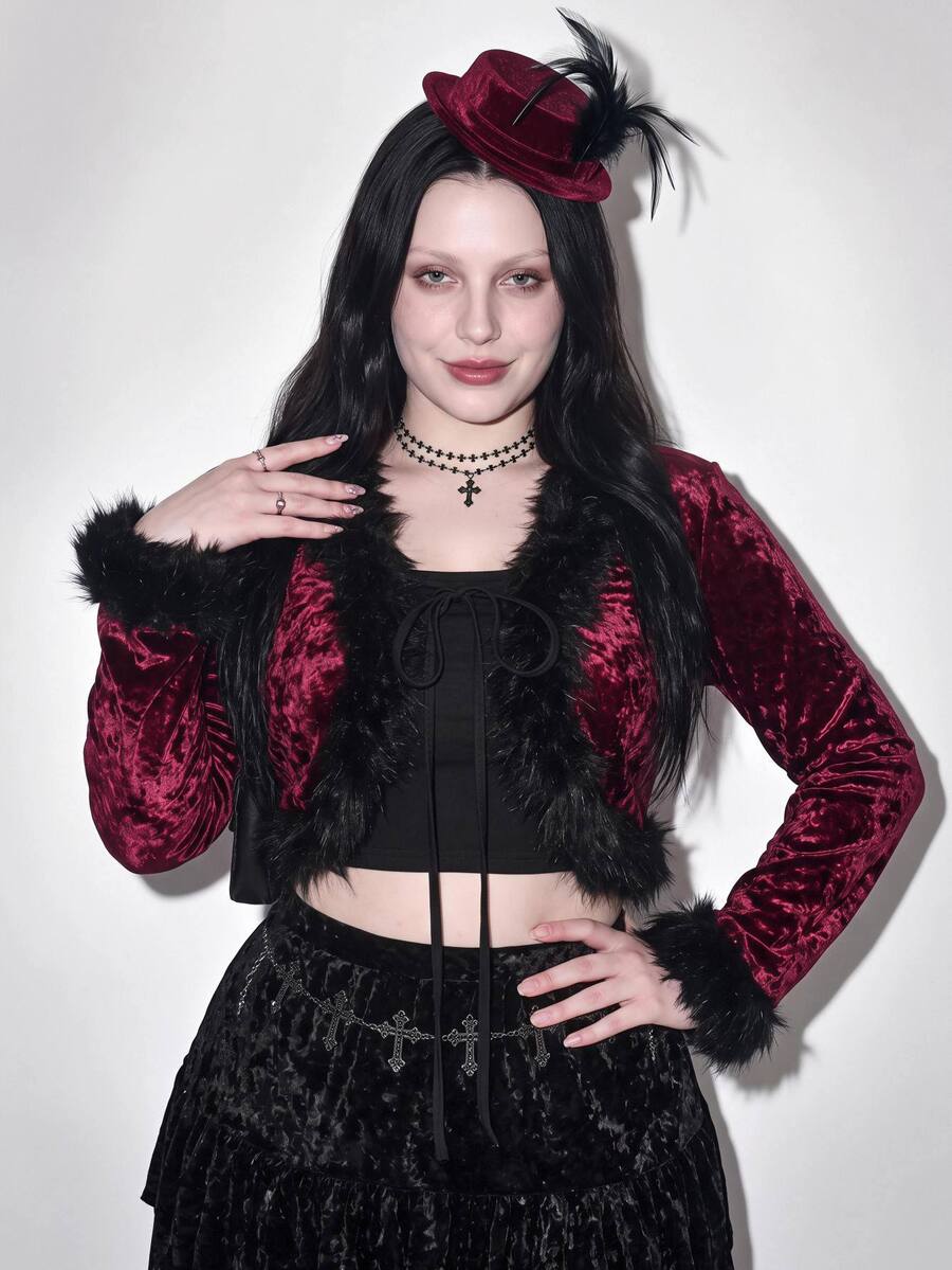 SHEIN ICON Plus-Size Red Y2K-Style Gothic Elegant Velvet Cropped Jacket With Faux Fur Trim And Lace-Up Detail Halloween Outfit Party Wedding Guest Autumn Winter - Burgundy - View 1