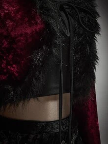SHEIN ICON Plus-Size Red Y2K-Style Gothic Elegant Velvet Cropped Jacket With Faux Fur Trim And Lace-Up Detail Halloween Outfit Party Wedding Guest Autumn Winter - Burgundy - View 7