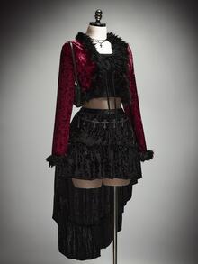 SHEIN ICON Plus-Size Red Y2K-Style Gothic Elegant Velvet Cropped Jacket With Faux Fur Trim And Lace-Up Detail Halloween Outfit Party Wedding Guest Autumn Winter - Burgundy - View 10