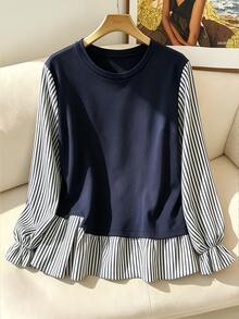 GlowEve CURVE Sweatshirt Lengan Panjang Longgar Bergaris dengan Kerah Bulat Warna Polos untuk Wanita Ukuran Besar, Cocok untuk Pakaian Kasual Musim Semi dan Gugur. - Navy Blue - View 7
