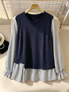 GlowEve CURVE Sweatshirt Lengan Panjang Longgar Bergaris dengan Kerah Bulat Warna Polos untuk Wanita Ukuran Besar, Cocok untuk Pakaian Kasual Musim Semi dan Gugur. - Navy Blue - View 1