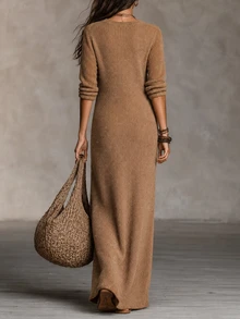 SHEIN Caramel Color Vertical Rib Deep V Neck Slim Fit Long Sleeve Knit Maxi Dress - Rust Brown - View 2