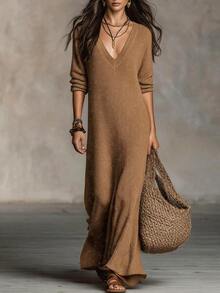 SHEIN Caramel Color Vertical Rib Deep V Neck Slim Fit Long Sleeve Knit Maxi Dress - Rust Brown - View 3