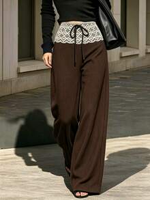 SHEIN Women's Solid Color Brown Textured Lace Patchwork Tie-Up Wide Leg Pants, Autumn/Winter Casual - Coffee Brown - View 3