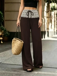 SHEIN Women's Solid Color Brown Textured Lace Patchwork Tie-Up Wide Leg Pants, Autumn/Winter Casual - Coffee Brown - View 9
