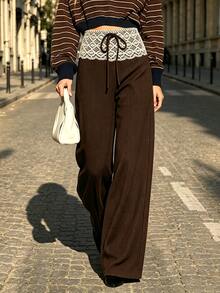SHEIN Women's Solid Color Brown Textured Lace Patchwork Tie-Up Wide Leg Pants, Autumn/Winter Casual - Coffee Brown - View 4