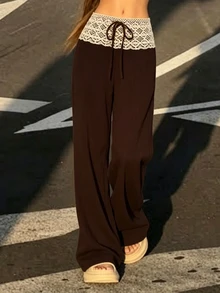 SHEIN Women's Solid Color Brown Textured Lace Patchwork Tie-Up Wide Leg Pants, Autumn/Winter Casual - Coffee Brown - View 6